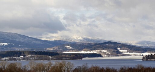 Snowy rural mountain winter landscape.