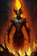 Demon escaping from the tongues of hellfire, epic fantasy character, horror, devil, art illustration 