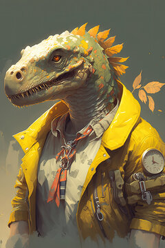 Portrait of a Dinosaur, wearing a futuristic jacket, streetwear, golden, character art illustration  