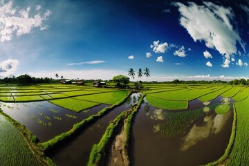 Obraz premium a picture of a rice field taken from a fish eye lens, with a blue sky and clouds in the background, and a few trees in the foreground. generative ai