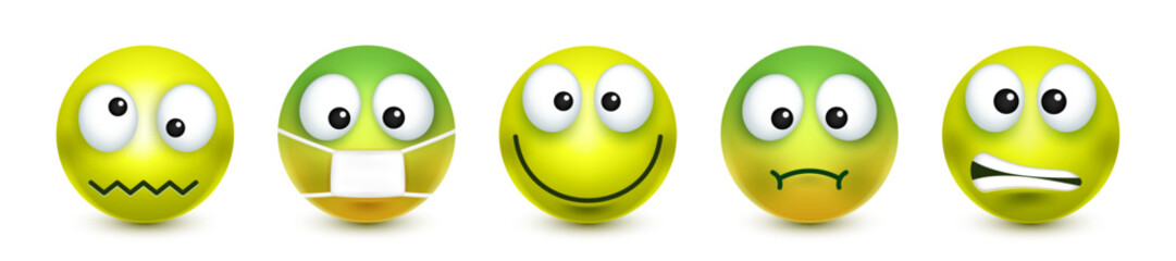 Fototapeta na wymiar Cartoon emoji, emoticons collection. Green face with emotions, mood. Facial expression, realistic emoji. Sad, happy, angry faces. Funny character with smiling face. Vector illustration