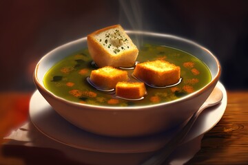  a bowl of soup with bread on a spoon and a spoon rest on the side of the bowl and the soup is in a white bowl.  generative ai