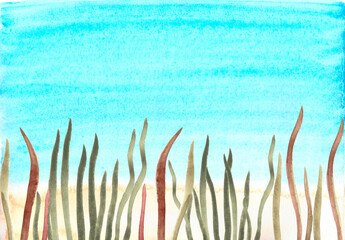 Watercolor illustration of wavy water plants underwater in the sea