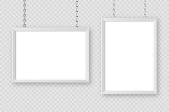 White signboards hanging on a metal chain. Restaurant menu board. Modern poster mockup. Blank photo or picture frame. Advertising or presentation boards. Street banner. Vector illustration
