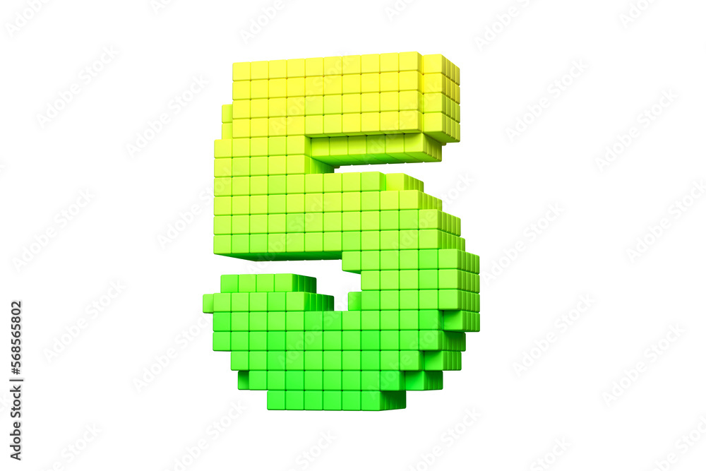 Poster digital lettering 3d pixel art digit number 5 in yellow and green. high definition 3d rendering.
