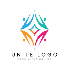 Unite Logo Design with Minimalist Stylish Colorful People Combination Concept.