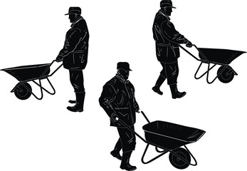 worker with wheelbarrow three silhouettes isolated on white