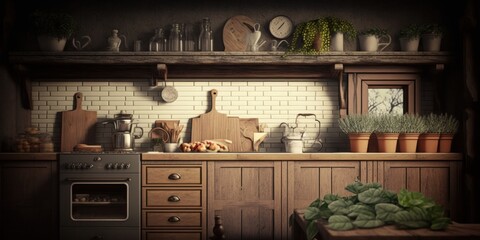 Rustic Country Kitchen Mockup Illustration With Wooden Cabinets