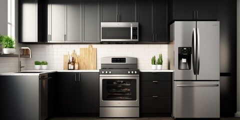 Fototapeta premium Kitchen Mockup with Dark Grey Cabinets and Stainless Steel Appliances