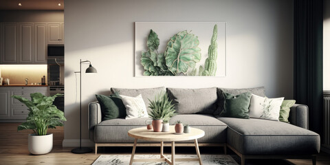 Living Room Mockup Illustration With Light Grey and Mint Color Scheme