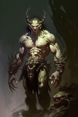 Fototapeta premium Scary monster with claws on his hands, painting, mutant, dark fantasy, art illustration 