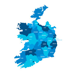 Ireland political map of administrative divisions - counties and cities. Flat blue vector map with name labels.