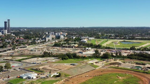 Aerial Panorama Over M4 Motorway And Parramatta City CBD In West Sydney.
