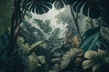 a painting of a jungle scene with lots of plants and trees in the foreground and a bird flying in the distance, with a bird in the foreground.  generative ai