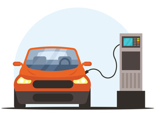 Electric charging station. The electric car is charging at the charger station with a plug in cable. Vector graphics