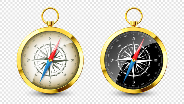 Realistic golden vintage compass with marine wind rose and cardinal directions of North, East, South, West. Shiny metal navigational compass. Cartography and navigation. Vector illustration