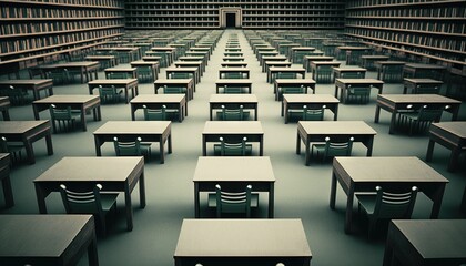  a large room filled with lots of desks and bookshelves in a library filled with lots of bookshelves filled with books.  generative ai