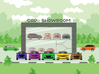Fototapeta na wymiar Car dealership center. Flat illustration with new vehicles showroom. Vector illustration