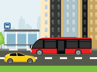 Vector bus stop. View of modern street with a bus on the road. Vector illustration