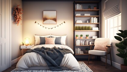  a bedroom with a bed, a chair and a book shelf with books on it and a lamp on the side of the bed, and a potted plant in the corner of the corner.  generative ai