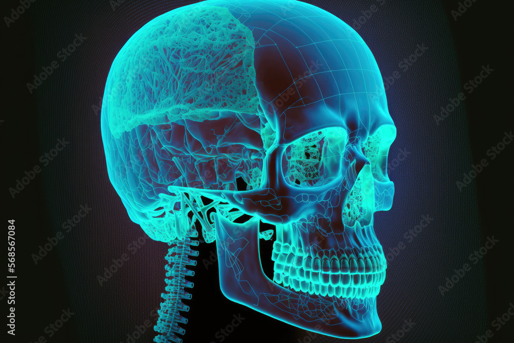 Poster x ray image of a human skull. concept of artificial intelligence in the future. generative ai