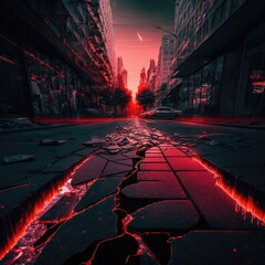 Surreal cyberpunk city pavement at dusk red neon lights pavement. Generative AI.