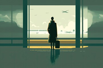 Generative AI illustration of man silhouette with luggage in airport