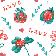 Watercolor seamless pattern for St Valentine's decor, textile and packing. Romantic cartoon illustrations of klever leaves, ladybugs, gift boxes in red and green colors.