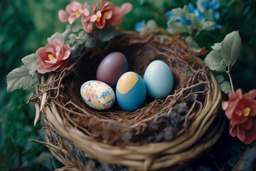Colorful easter eggs in nest on meadow. Ai generative
