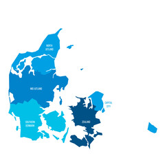 Denmark political map of administrative divisions - regions. Flat blue vector map with name labels.