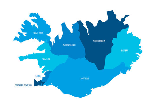 Iceland political map of administrative divisions - regions. Flat blue vector map with name labels.