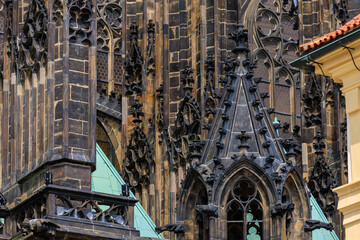 Details of the exterior of the Gothic Catholic Cathedral of St. Vitus, Wenceslas and Vojtech in Prague Castle