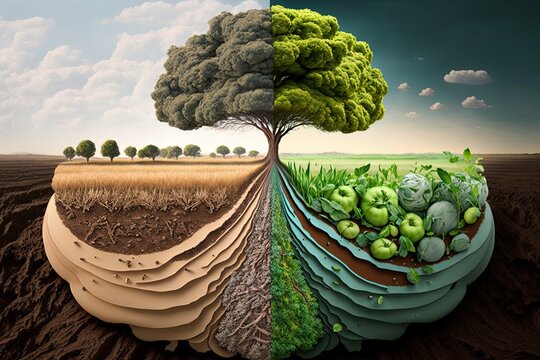 Regenerative agriculture, improving soil health and biodiversity concept with two side fields. AI generative