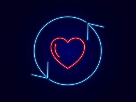 Loyality neon icon in red and blue color. circle arrows with heart. Vector illustration
