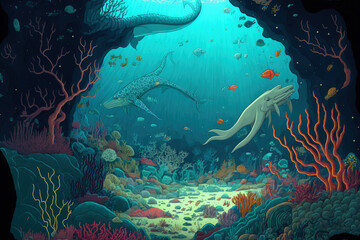 Fototapeta na wymiar Cartoon artwork from the Paleozoic era displaying aquatic life at the sea floor. Generative AI
