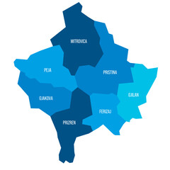 Kosovo political map of administrative divisions - districts. Flat blue vector map with name labels.