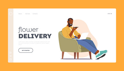 Flowers Delivery Landing Page Template. Male Character Sitting on Armchair with Smartphone and Laptop