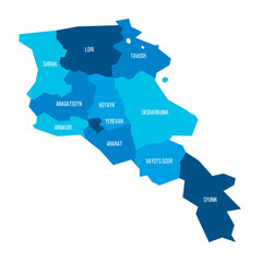 Armenia political map of administrative divisions - provinces and autonomous city of Yerevan. Flat blue vector map with name labels.