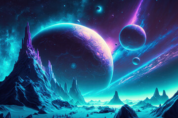 Space 2022. Abstract sci fi futuristic space background. Abstract neon space background with stars and nebulae. Neon light, icy planet, futuristic fantasy scenery, sci fi landscape. Generative AI
