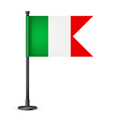 Realistic Italian table flag on a black steel pole. Souvenir from Italy. Desk flag made of paper or fabric and shiny metal stand. Mockup for promotion and advertising. Vector illustration