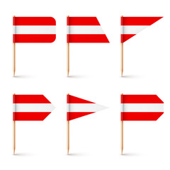 Realistic various Austrian toothpick flags. Souvenir from Austria. Wooden toothpicks with paper flag. Location mark, map pointer. Blank mockup for advertising and promotions. Vector illustration