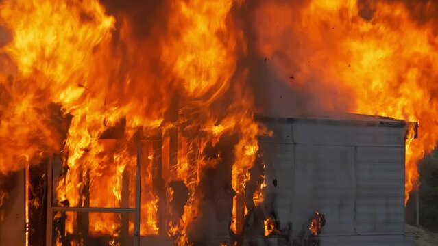 Close up detailed shot of flames engulfing a building. 4K footage of fire, embers, and ash debris.