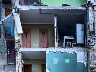 Borodyanka,Kyiv Region 02.05.2023 A surviving apartment in a bombed-out building