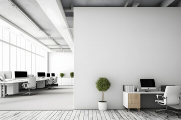 Open space office interior, white mock up wall.