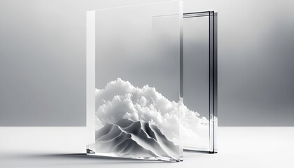  a glass sculpture of a mountain with clouds in the sky on a white table top with a gray background and a black and white photo of a mountain.  generative ai