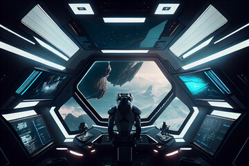 An alien inside an ultramodern ship with 3 d screens. Generative AI.3