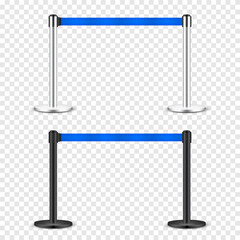 Realistic blue retractable belt stanchion. Crowd control barrier posts with caution strap. Queue lines. Restriction border and danger tape. Attention, warning sign. Vector illustration