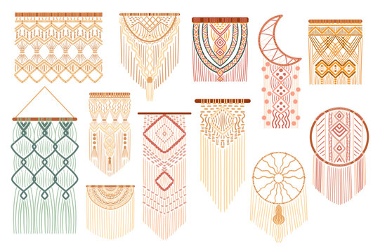 Set Of Macrame Bohemian Or Coastal-inspired Home Decor Isolated On White Background. Diy Hobby Design Elements