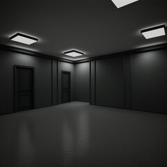 an empty gray room where there are two doors to other rooms and lamps glow on the ceilings