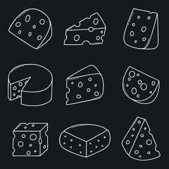 Cheese doodle set. Cheese types in sketch style.  Hand drawn vector illustration isolated on black background.